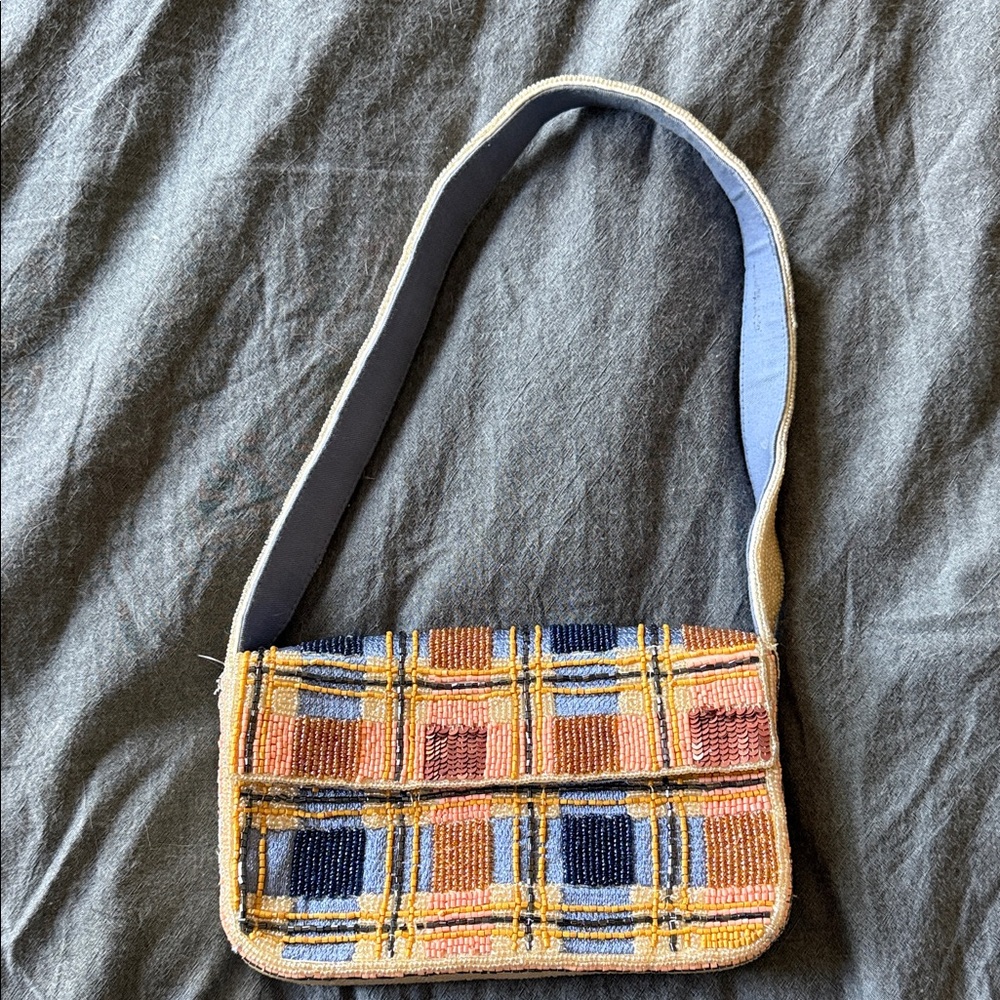 Beaded Plaid Shoulder Bag in Blue and Tan